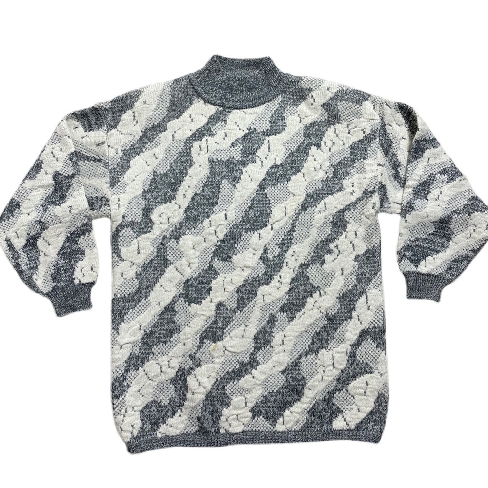 VTG 80s Alpine Grey White 3D Knit Jacquard Mock Neck Sweater L - Picture 1 of 5